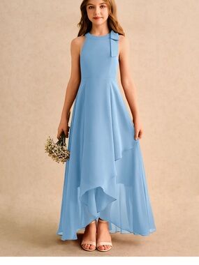 Girls' Sky Blue Sleeveless High-Low Formal Dress with Bow